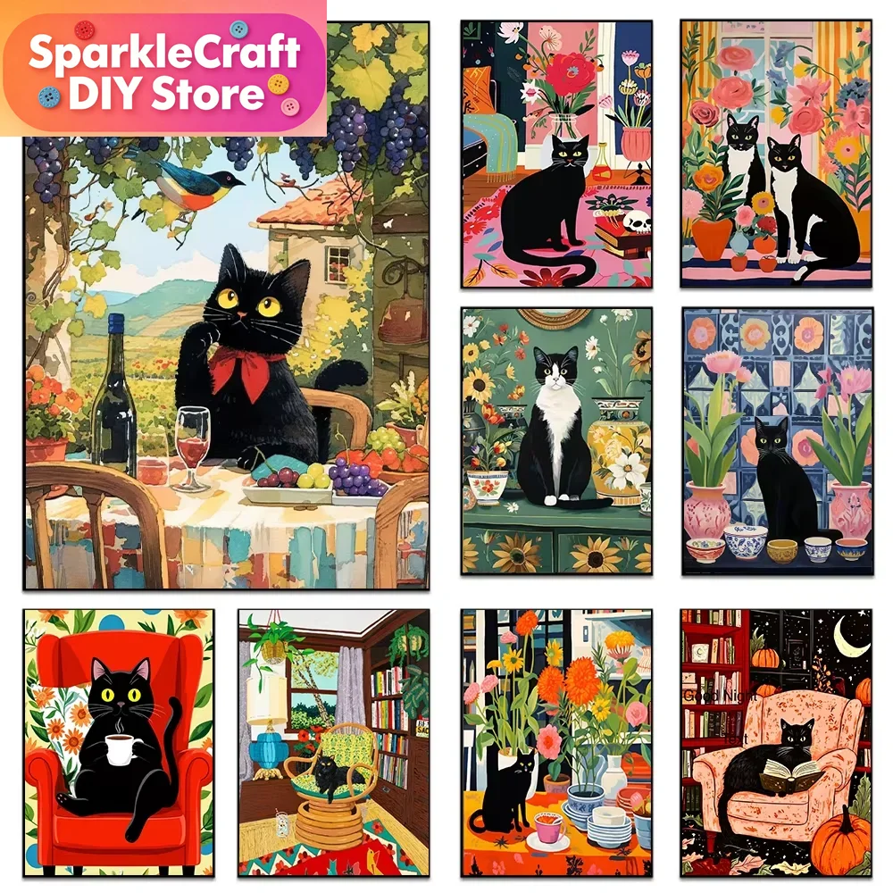 Embroidery Art - 1pc frameless Cartoon Black Cat Colorful