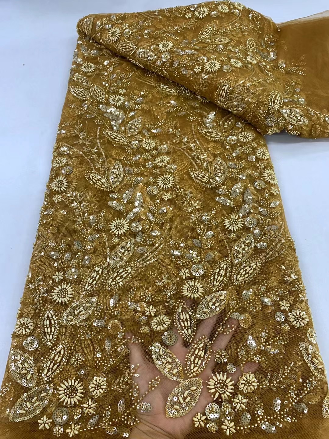 Embroidery Pashmina - Gold French Beaded Lace Bride Fabric