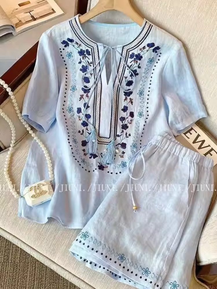 Embroidery Cotton Shirt - Vintage Ethnic Blue 2CPS Set For