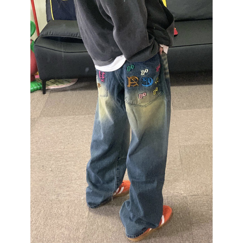 Embroidery Fonts - Wash Casual Loose Straight Leg Jeans