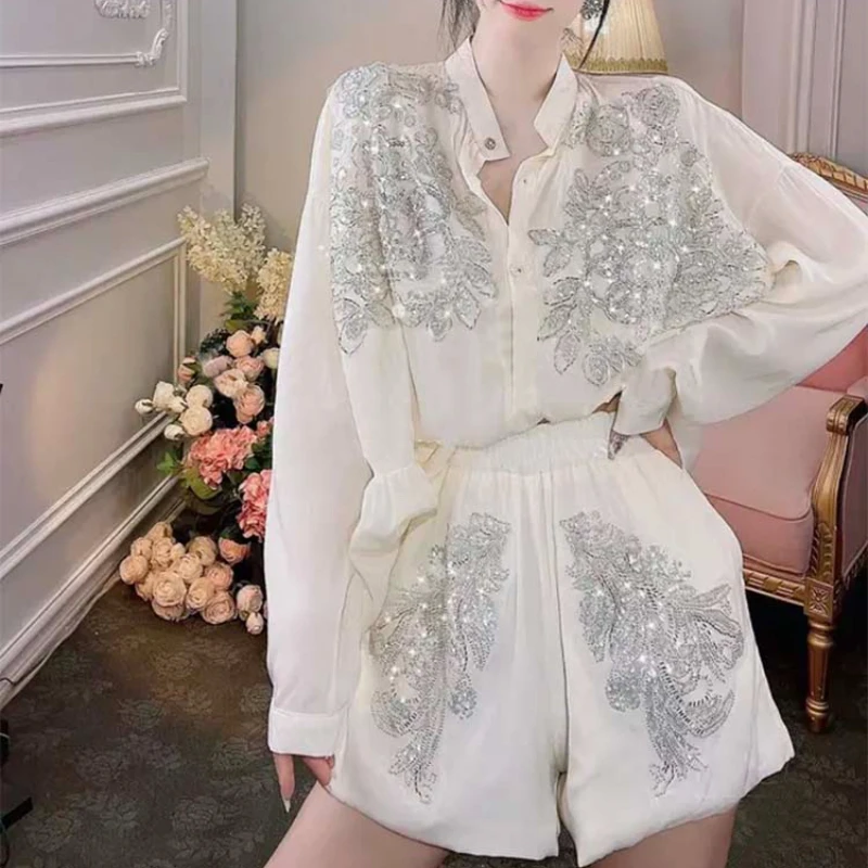 Embroidery Cotton Shirt - Transparent Flowers Embroidery Sequined Single-breasted Chiffon
