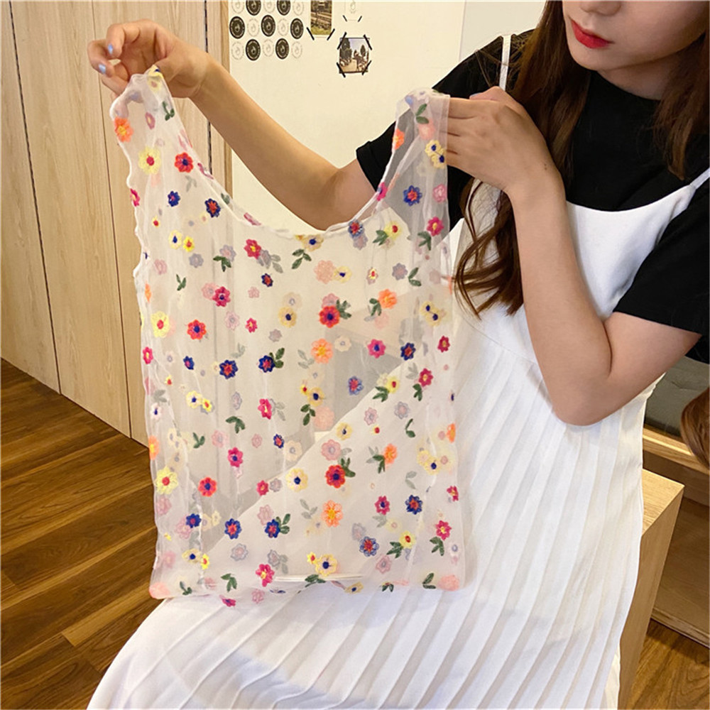 Embroidery Fonts - Women's Transparent Foldable Mesh Shopping Bag