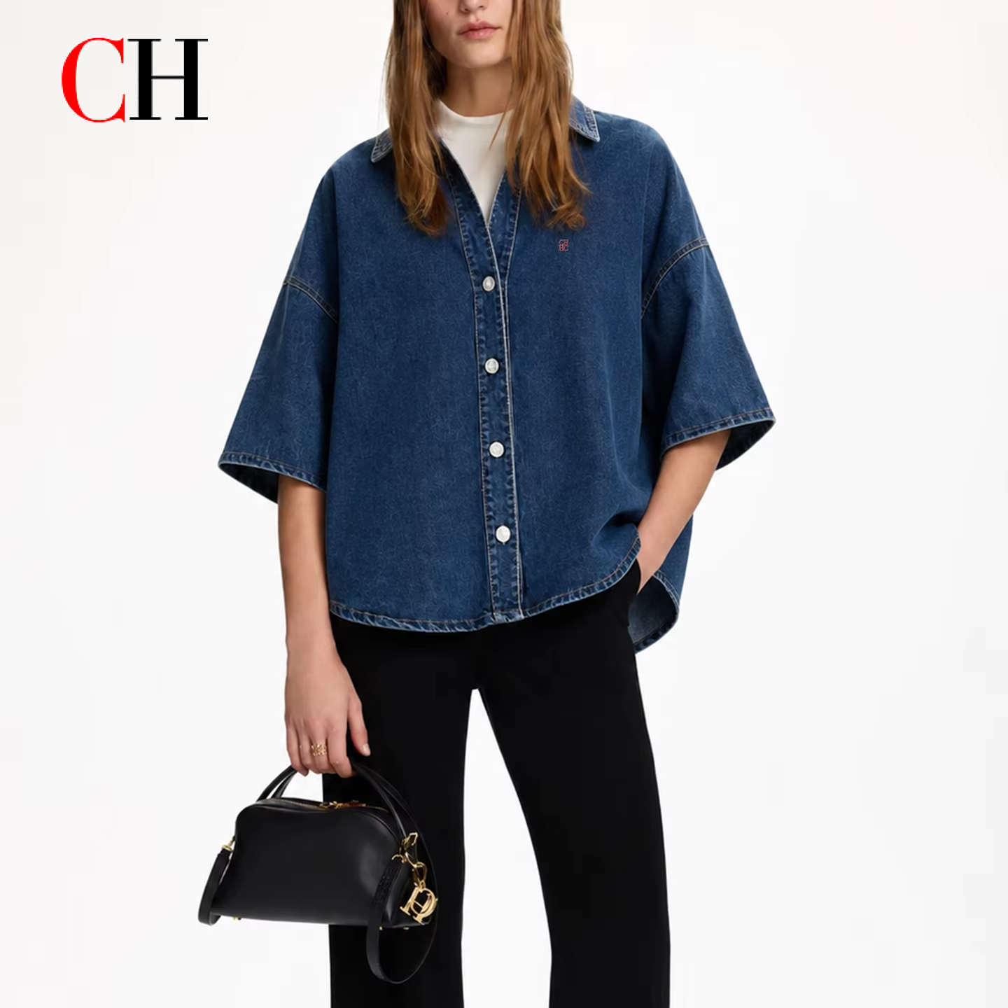 Embroidery Cotton Shirt - CH Letter Embroidered Solid Color Denim