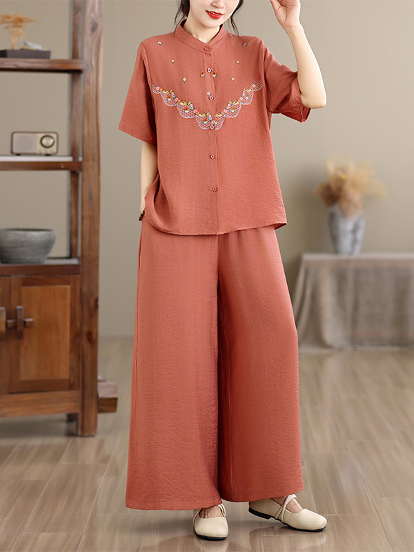 Embroidery Cotton Shirt - Embroidered Cotton Linen Short Sleeve Loose