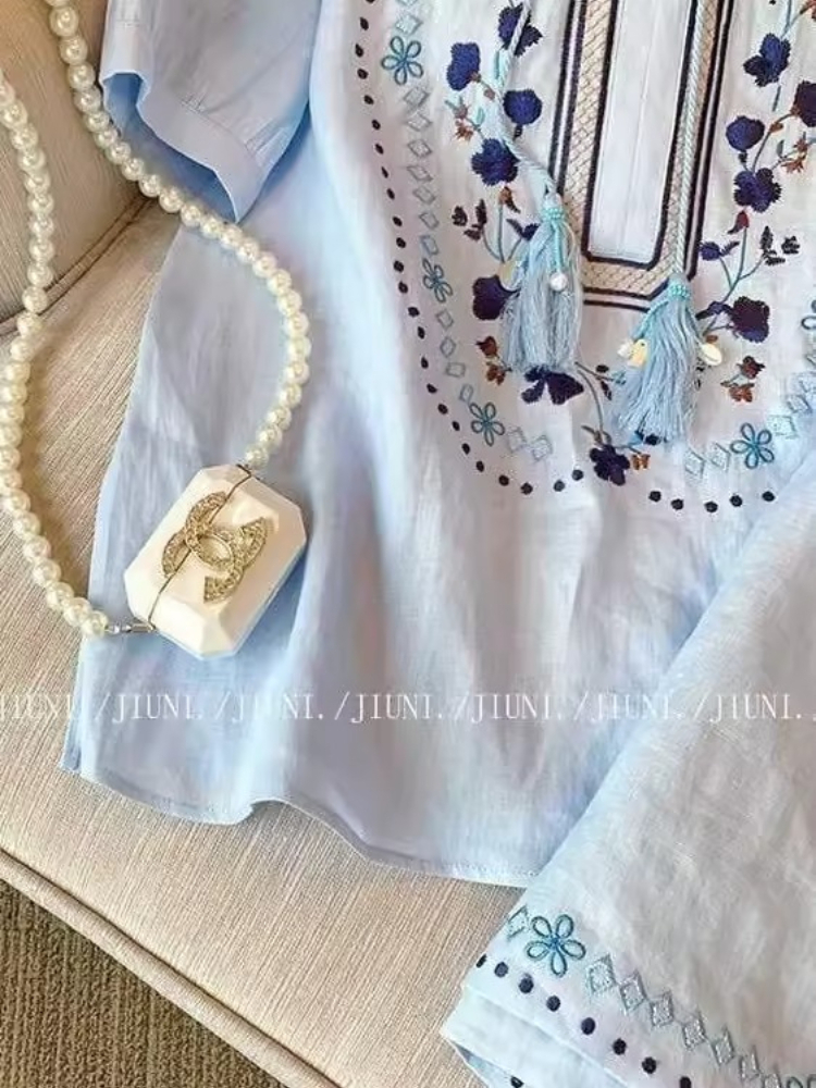 Vintage Ethnic Blue 2CPS Set F – Embroidery Cotton Shirt recenzja i cena