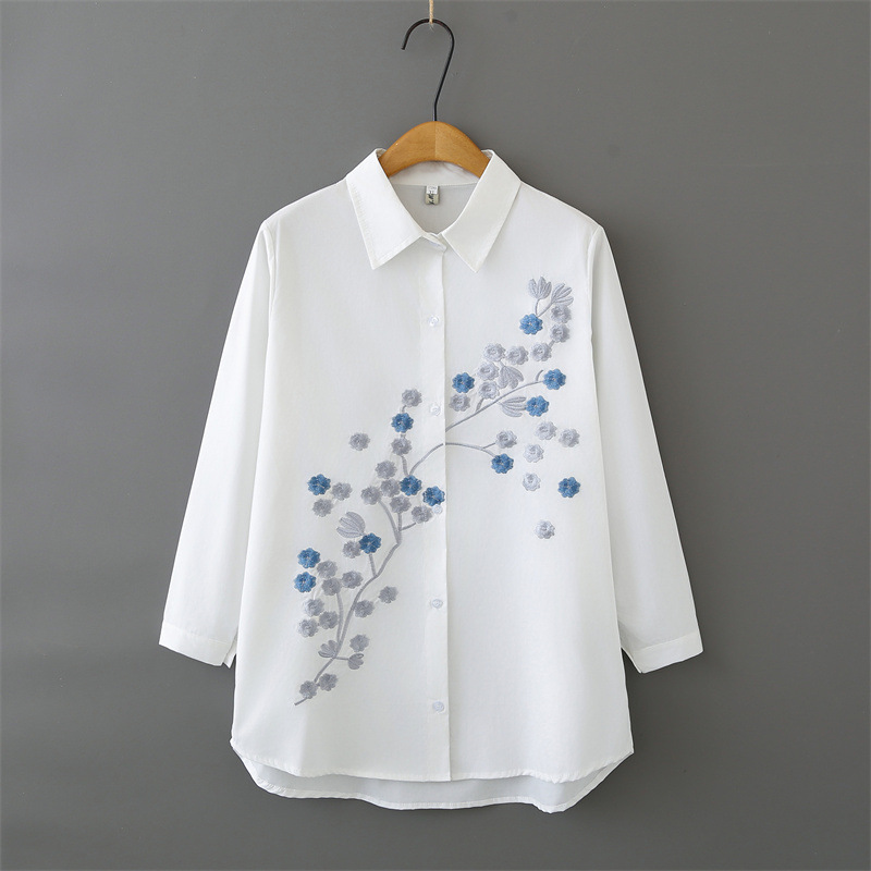 Women Plus Size Long Sleeve Co – Embroidery Cotton Shirt recenzja i cena