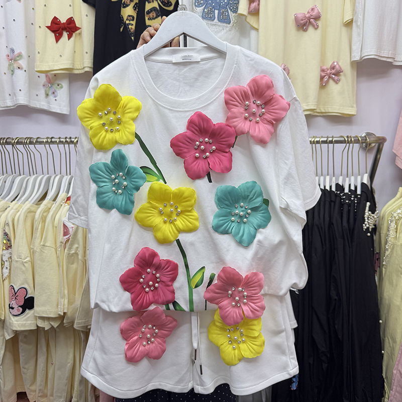 Summer Colorful 3D Flowers T-s – Embroidery Cotton Shirt recenzja i cena