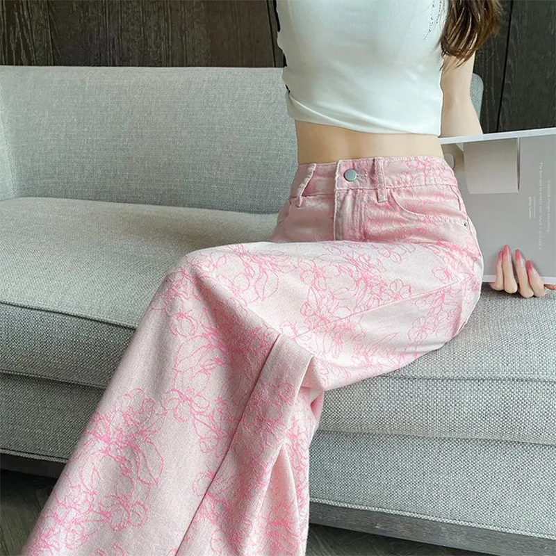 Pink Silk Denim Jeans Women's  – Embroidery Design 3D recenzja i cena